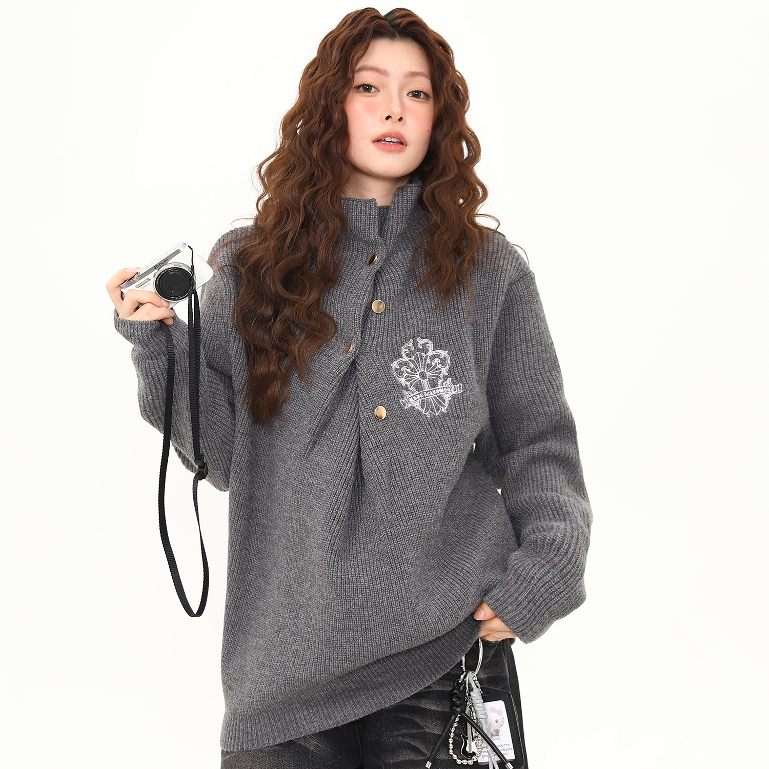 美式街頭不規則褶皺設計感高領毛衣女秋冬高智感針織衫