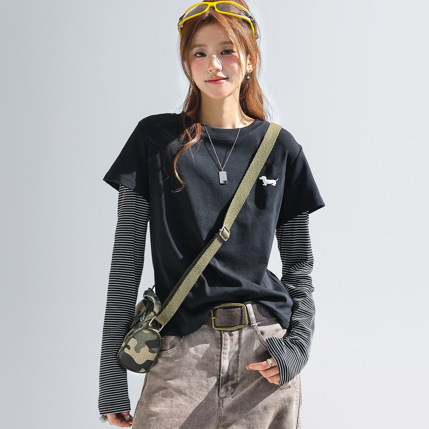 韓系臘腸狗條紋拼接假兩件長袖t恤女正肩修身上衣短