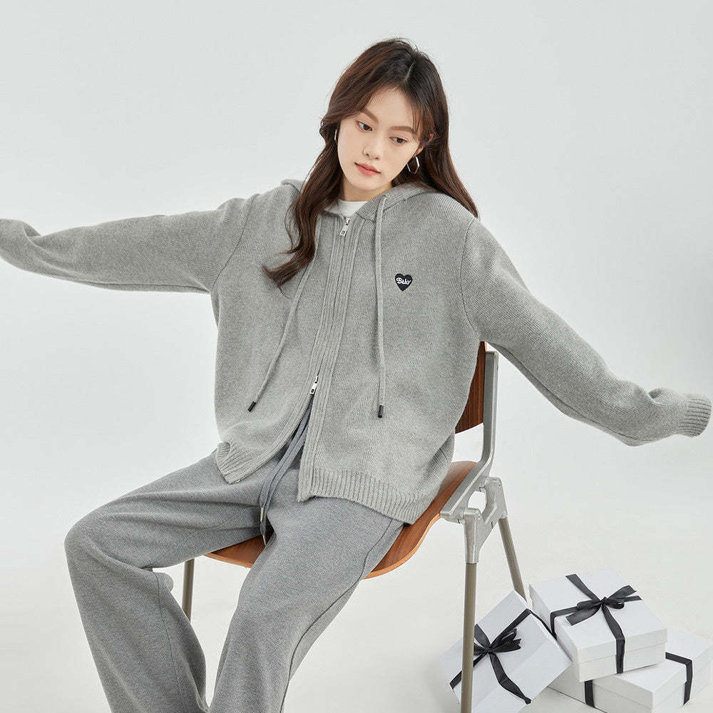 灰色連帽針織開衫外套女2024秋季新款寬鬆上衣