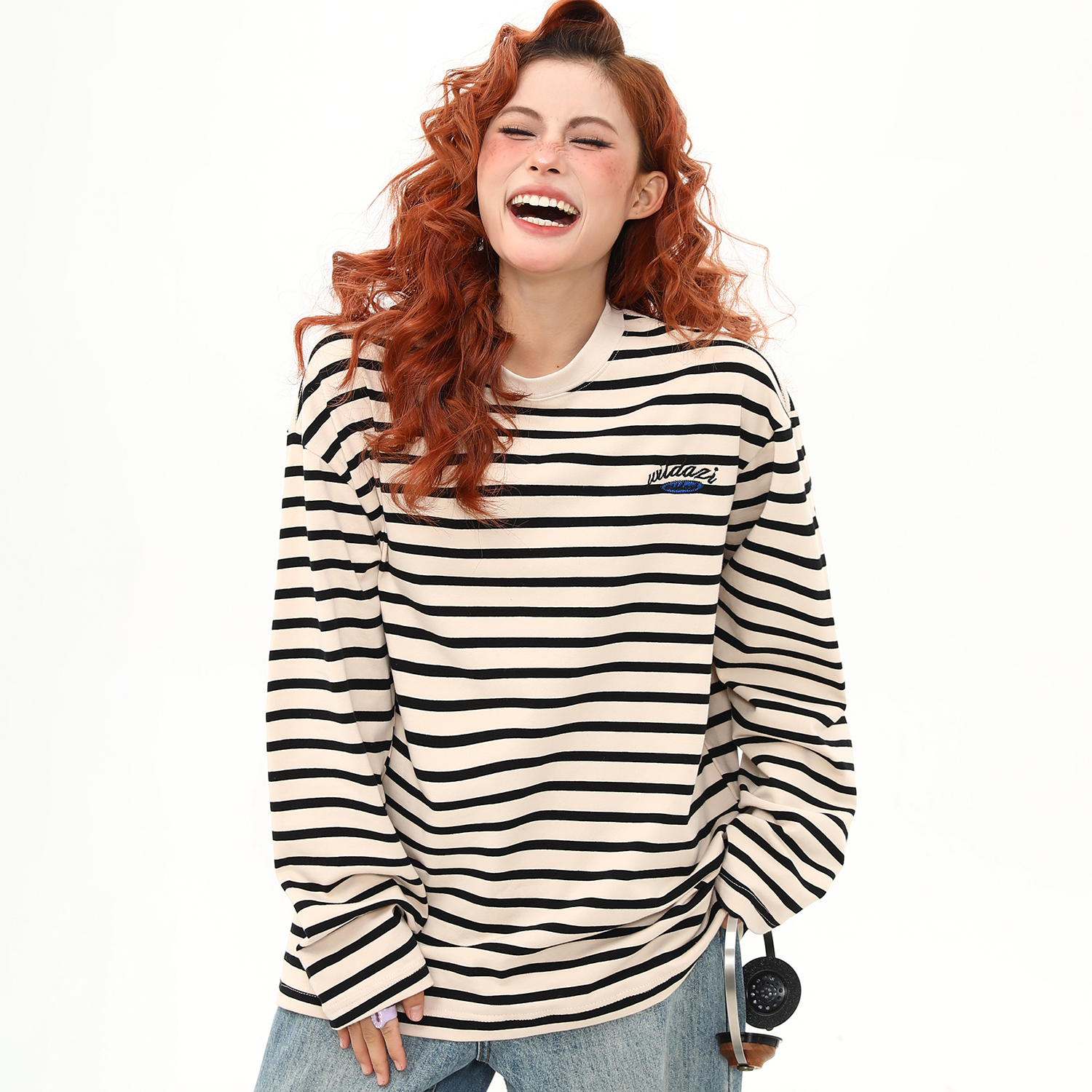 美式復古300G重磅條紋長袖T恤女早秋寬鬆上衣