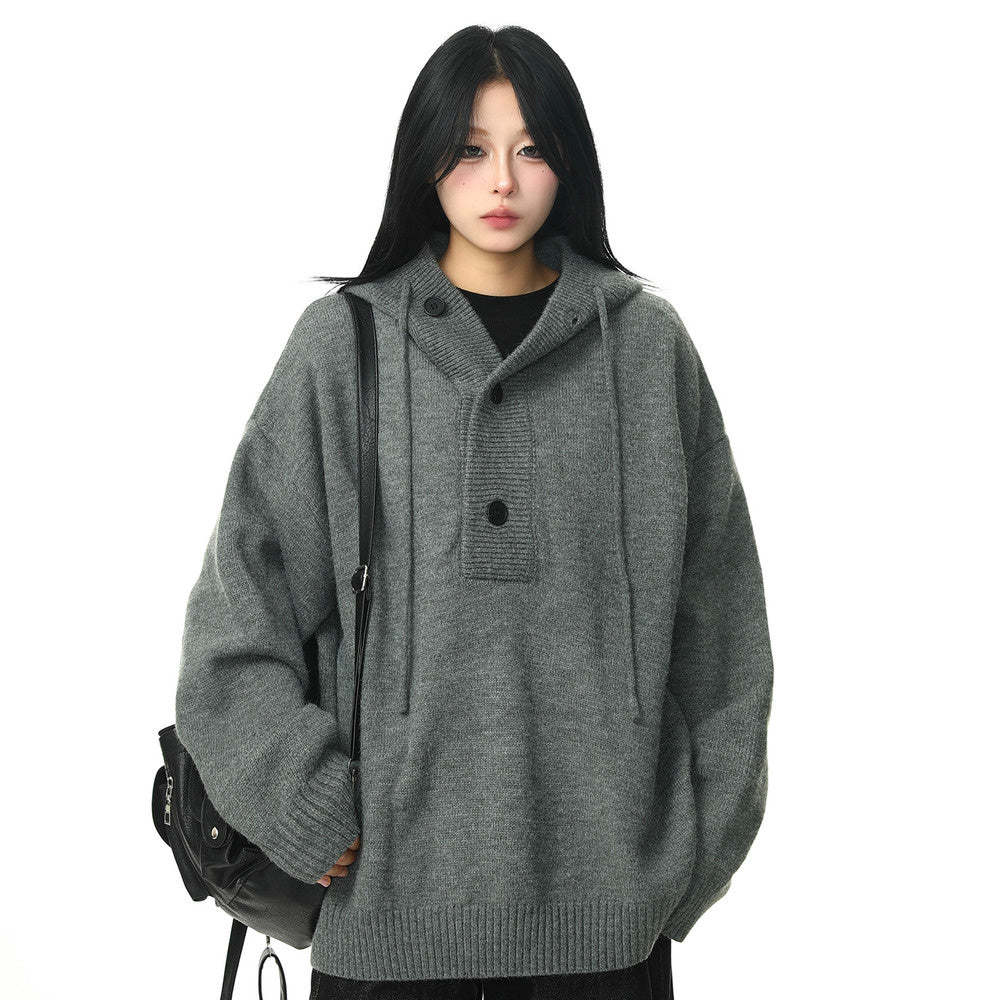 冬季新品復古高級感灰色連帽毛衣女加厚重磅慵懶風針織衫