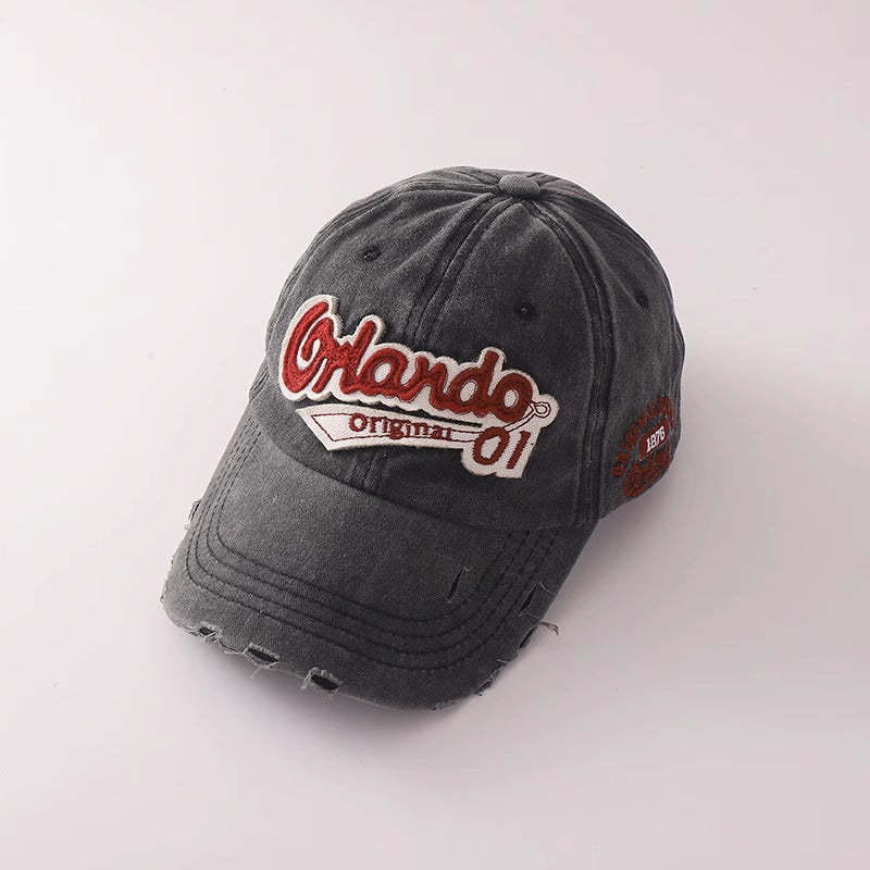 美式水洗復古顯白酒紅色破洞做舊鴨舌帽子女顯臉小寬簷牛仔棒球帽