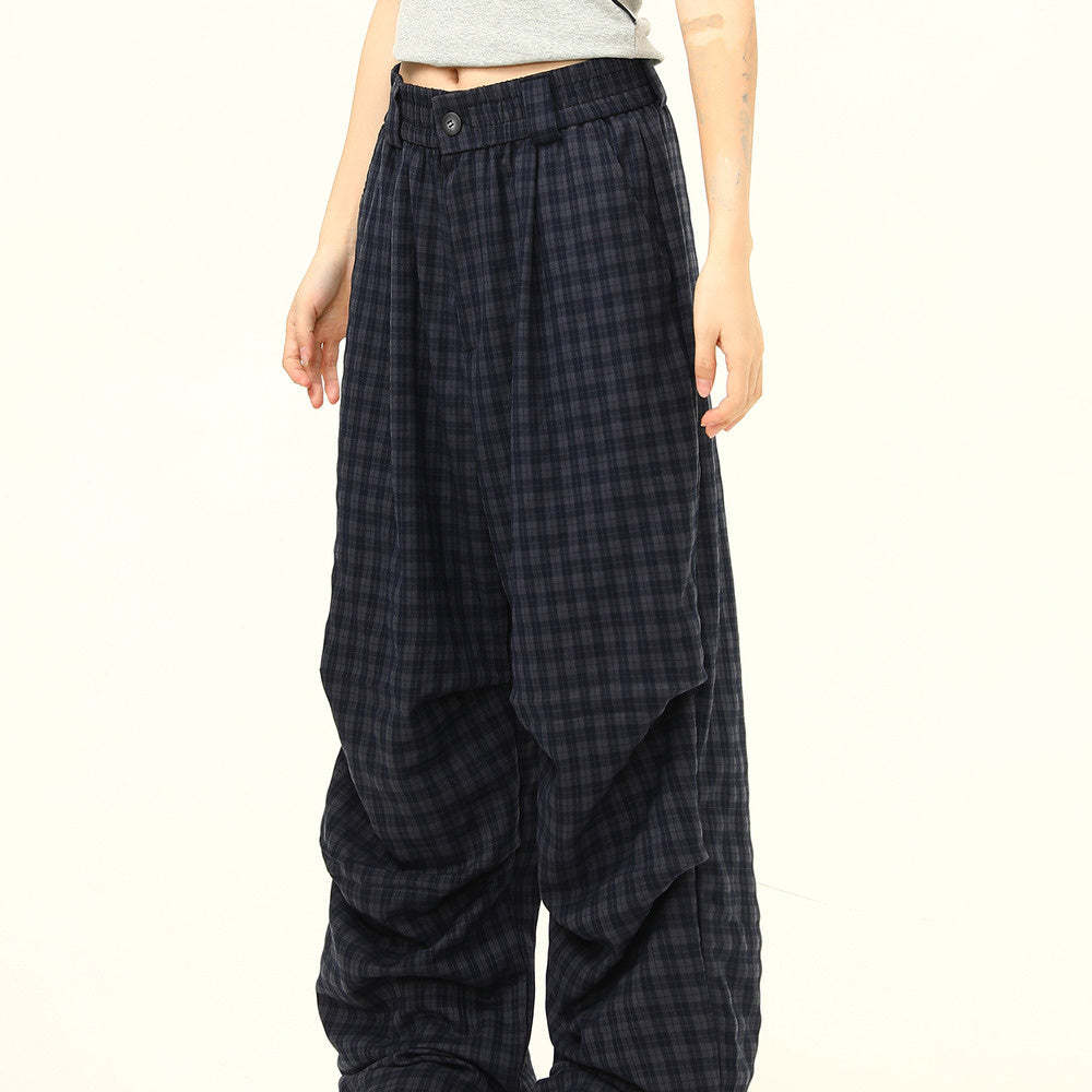 美式復古褶皺寬鬆垂感格子褲女設計感潮流百搭休閒褲子