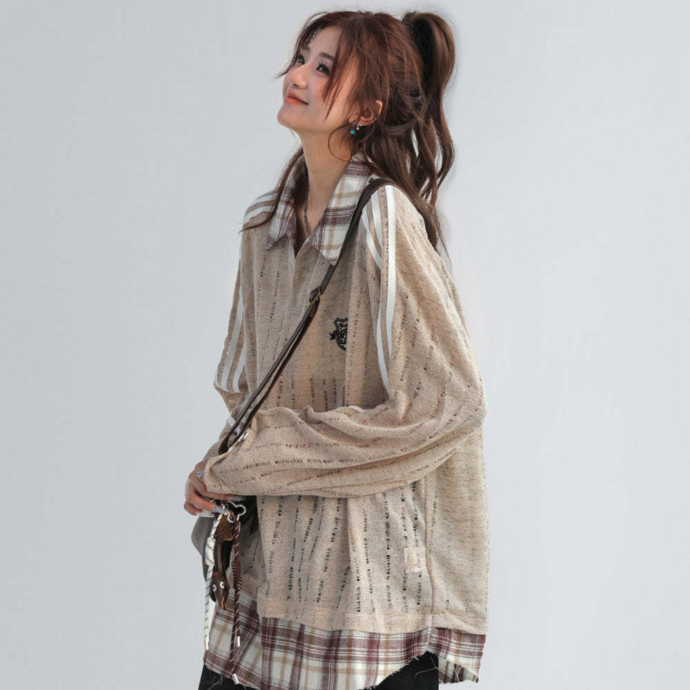 美式復古格子拼接假兩件polo衛衣女春秋鏤空長袖上衣