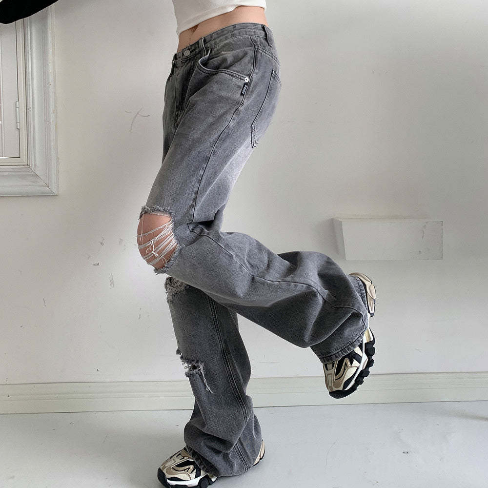 設計感破洞牛仔褲女新款春季高腰直筒寬鬆休閒褲ins拖地褲