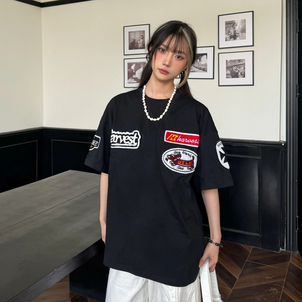 美式復古毛巾繡花短袖女寬鬆夏季新款休閒T恤半袖