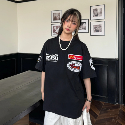 美式復古毛巾繡花短袖女寬鬆夏季新款休閒T恤半袖