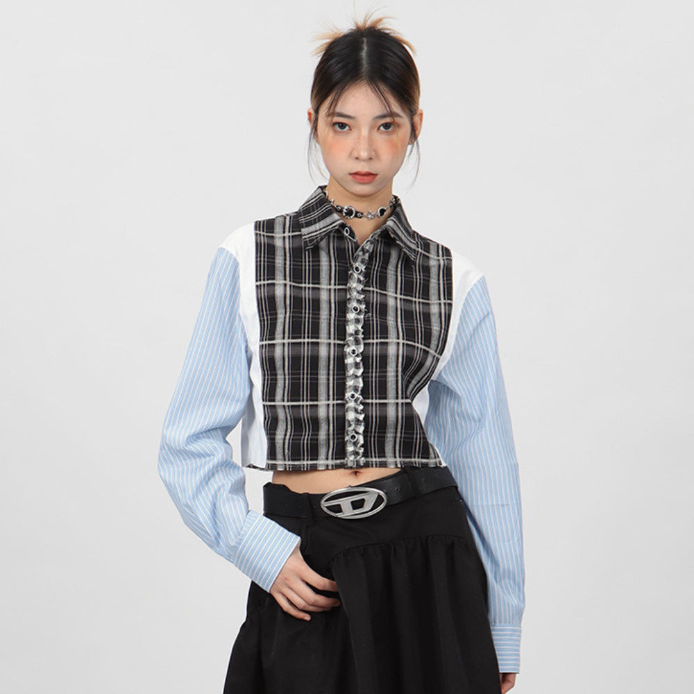 超短款拼接條紋襯衫女小眾設計款春秋長袖外套別致上衣