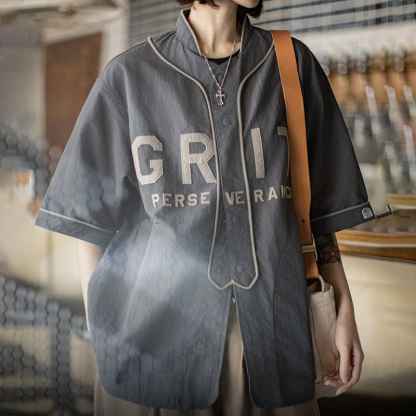 夏日美式休閒oversize棒球服半開襟襯衫日系灰色薄款襯衣女
