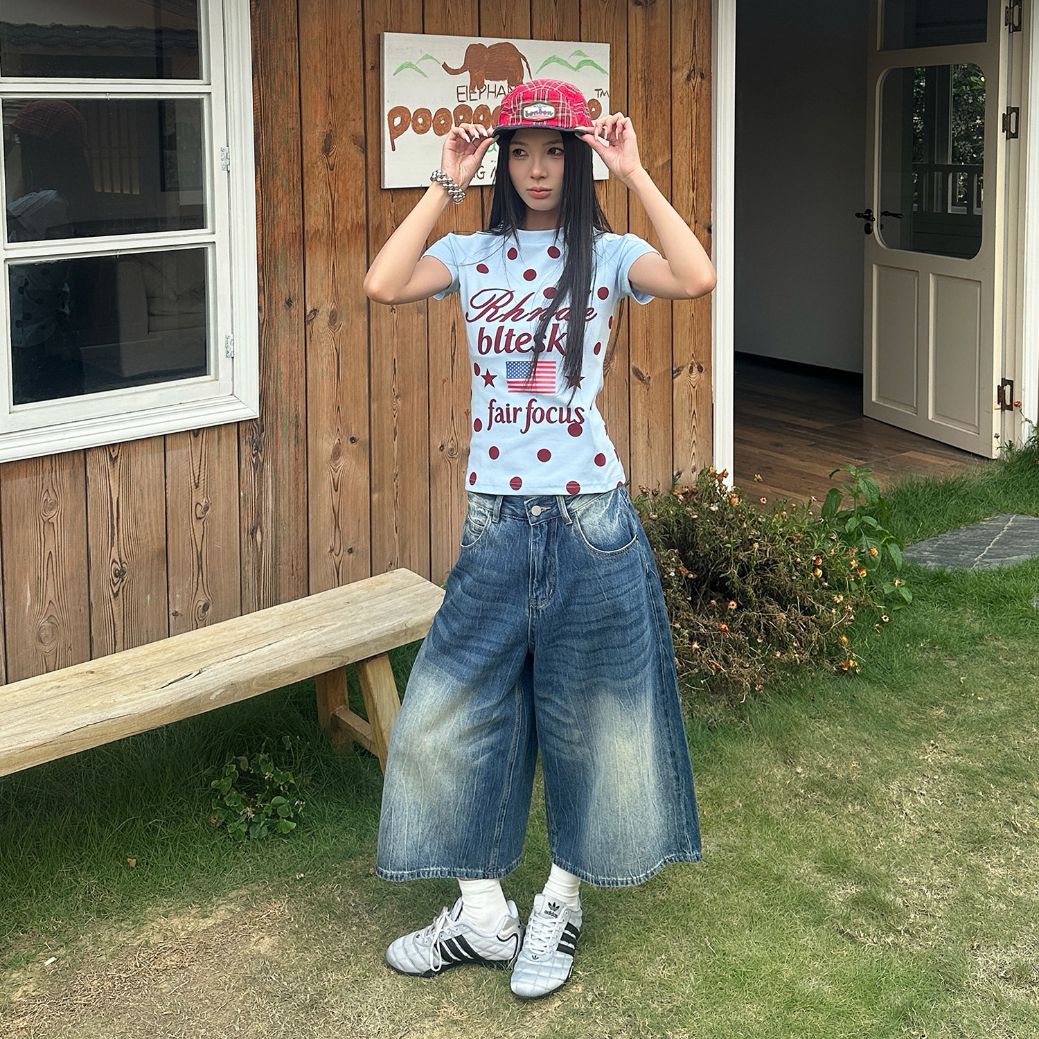 美式街頭水洗七分牛仔褲女夏季寬鬆闊腿做舊中腰潮牌短褲