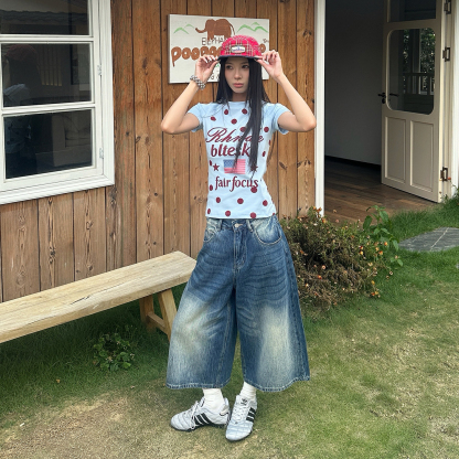 美式街頭水洗七分牛仔褲女夏季寬鬆闊腿做舊中腰潮牌短褲