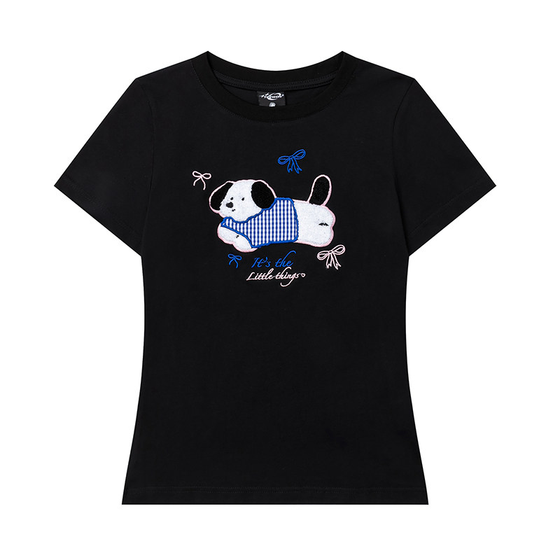 短袖女甜酷小狗植絨减齡T恤夏季修身顯瘦小個子百搭上衣