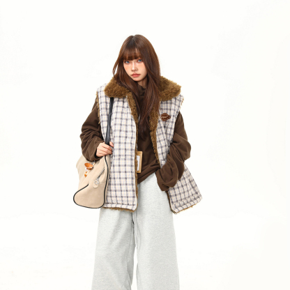 美式復古格紋羊羔毛雙面穿棉服馬甲外套女冬季加厚棉襖