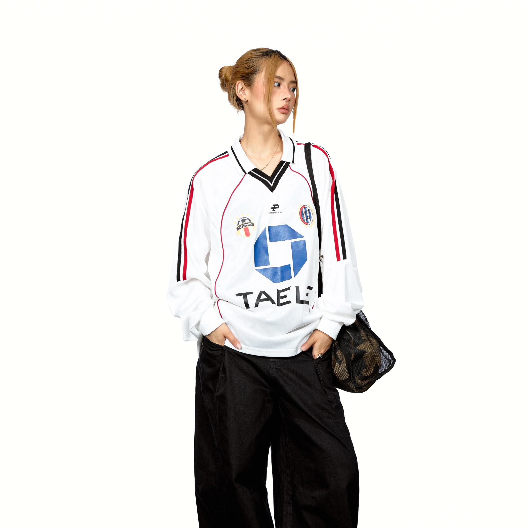 拼接撞色翻領印花長袖T恤女美式創意設計感寬鬆運動上衣秋