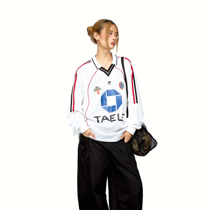 拼接撞色翻領印花長袖T恤女美式創意設計感寬鬆運動上衣秋