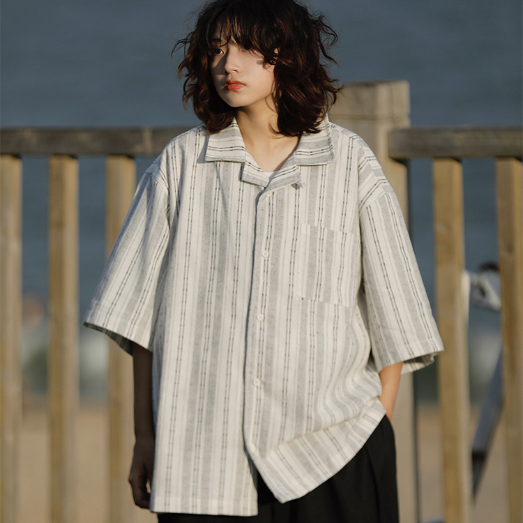 日系復古棉麻條紋短袖襯衫休閒古巴領寬鬆半袖襯衣