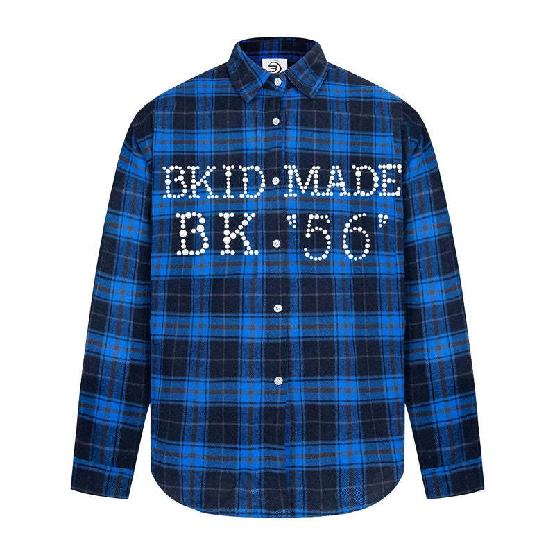 美式復古珍珠字母格紋襯衫長袖春夏休閒女同款外套襯衣