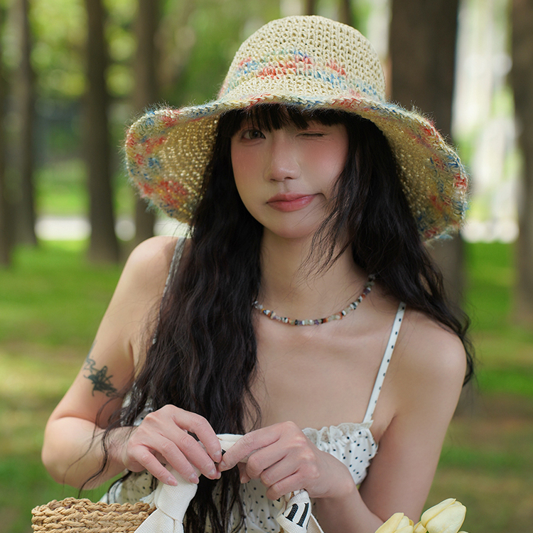 防曬帽女夏季海邊度假彩色編織草帽透氣鏤空大帽檐顯臉小遮陽帽子