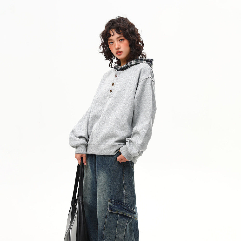 春季新款美式復古格子拼接假兩件連帽衛衣女寬鬆百搭