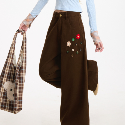 花朵紐扣直筒工裝褲女復古潮牌設計感闊腿垂感顯瘦休閒褲