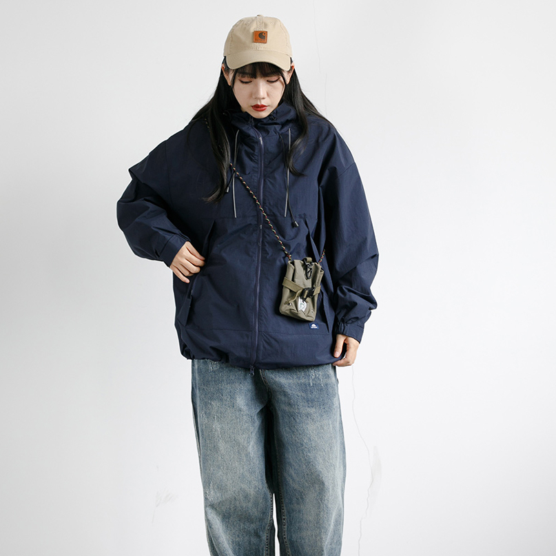日系連帽戶外工裝拉鍊大口袋衝鋒衣夾克女中性風寬鬆短外套