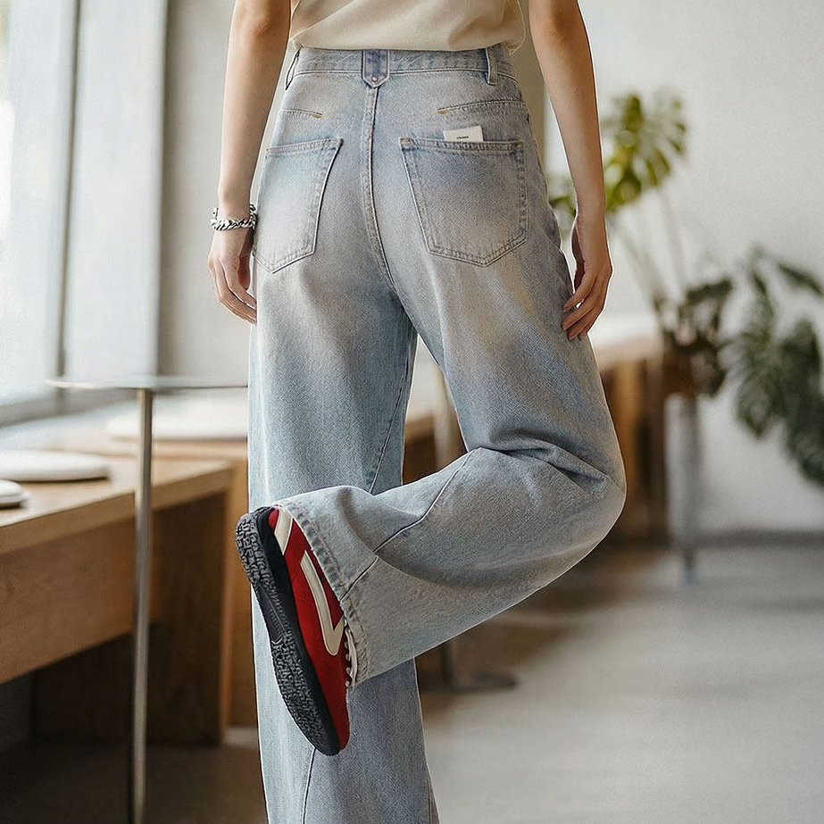 美式復古窄版彎鐮刀水洗做舊牛仔褲直筒闊腿顯瘦長褲子女士春