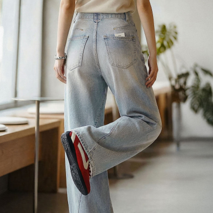 美式復古窄版彎鐮刀水洗做舊牛仔褲直筒闊腿顯瘦長褲子女士春