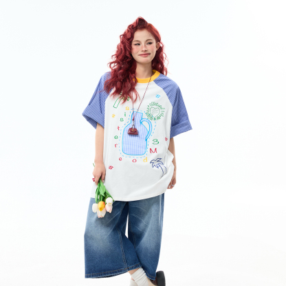 夏季新圓領撞色插肩短袖T卹女趣味刺繡百搭夏季tee