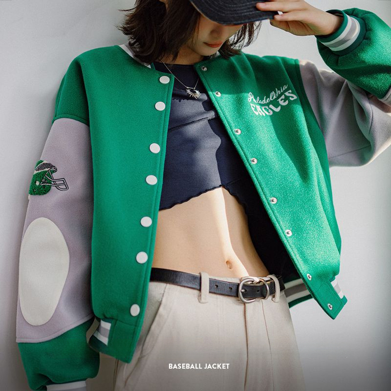 馬登女裝 美式撞色拼接棒球服外套復古休閒毛呢夾克刺繡厚短上衣秋冬女