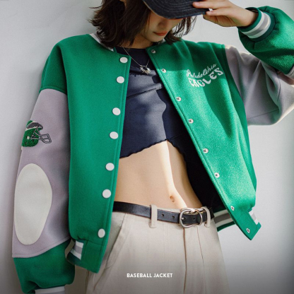 馬登女裝 美式撞色拼接棒球服外套復古休閒毛呢夾克刺繡厚短上衣秋冬女
