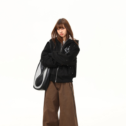 貓耳朵毛絨連帽外套女冬季新款鉚釘設計感加厚棉服棉衣