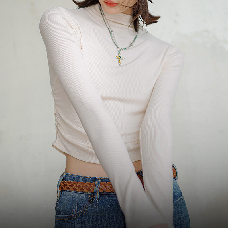 馬登女裝 莫代爾半高領打底衫抽褶修身疊穿長袖T恤內搭外穿上衣秋季女