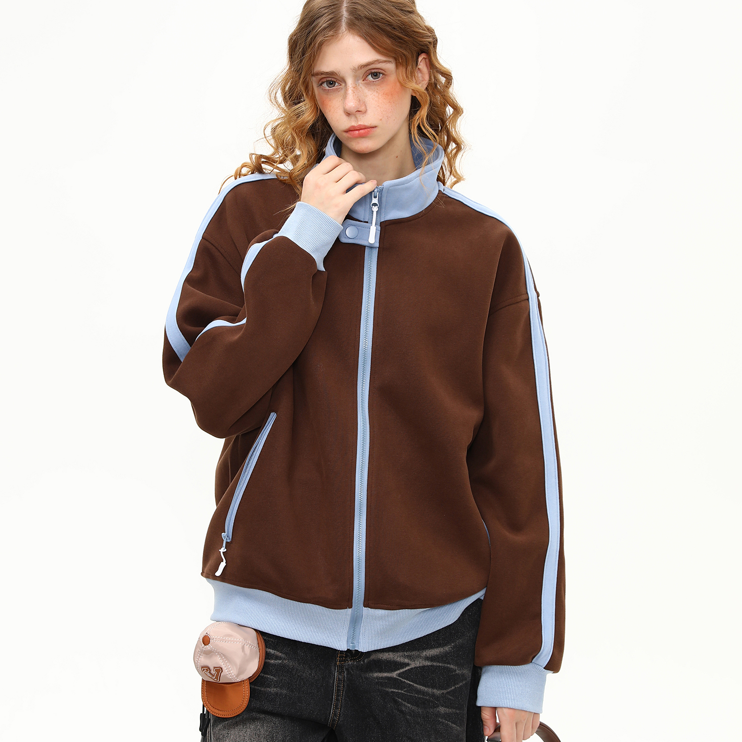 美式復古撞色立領外套女秋季新款拼接設計感衛衣夾克