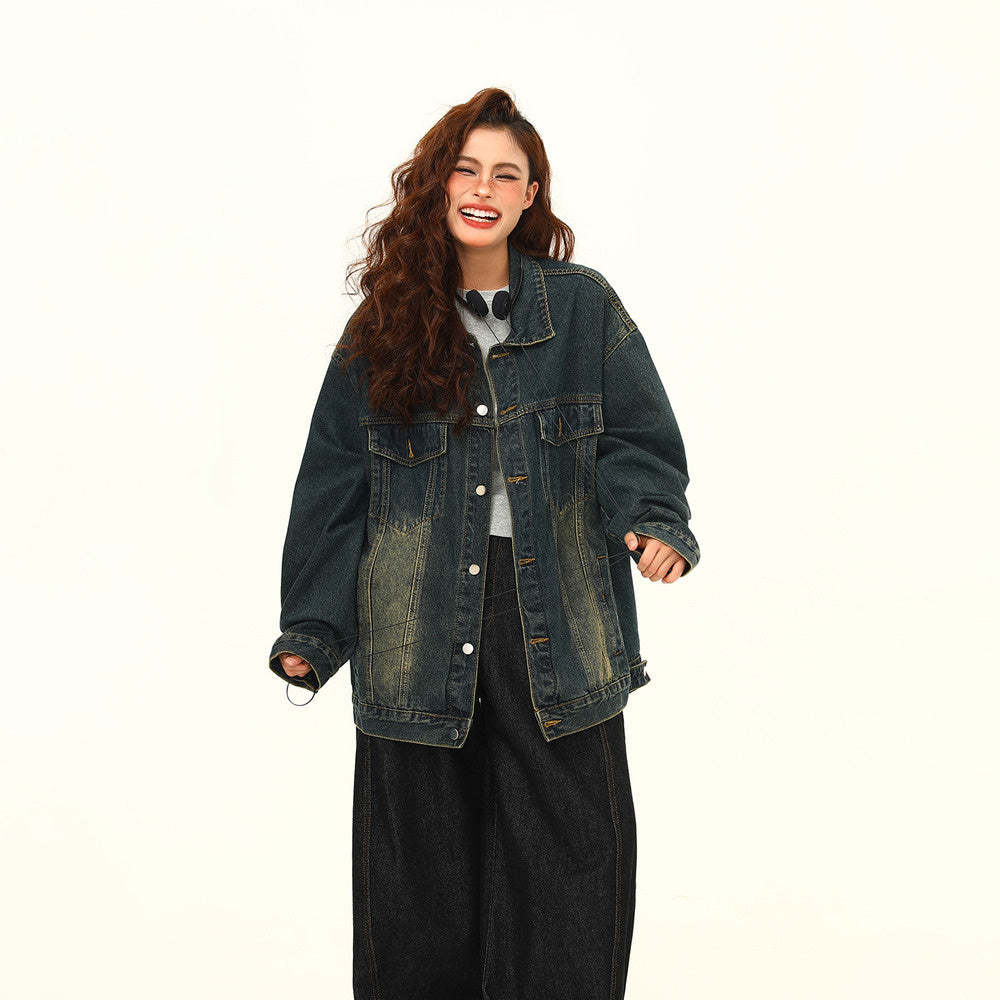 秋季美式街頭水洗復古藍牛仔外套女百搭寬鬆夾克