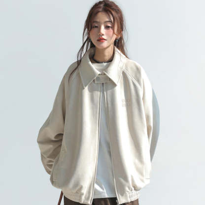 麂皮絨外套女春秋chic別致字母刺繡翻領夾克