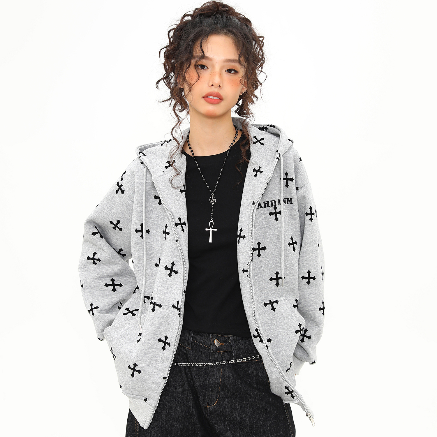 美式復古十字架印花連帽衛衣女秋冬寬鬆慵懶風拉鍊外套