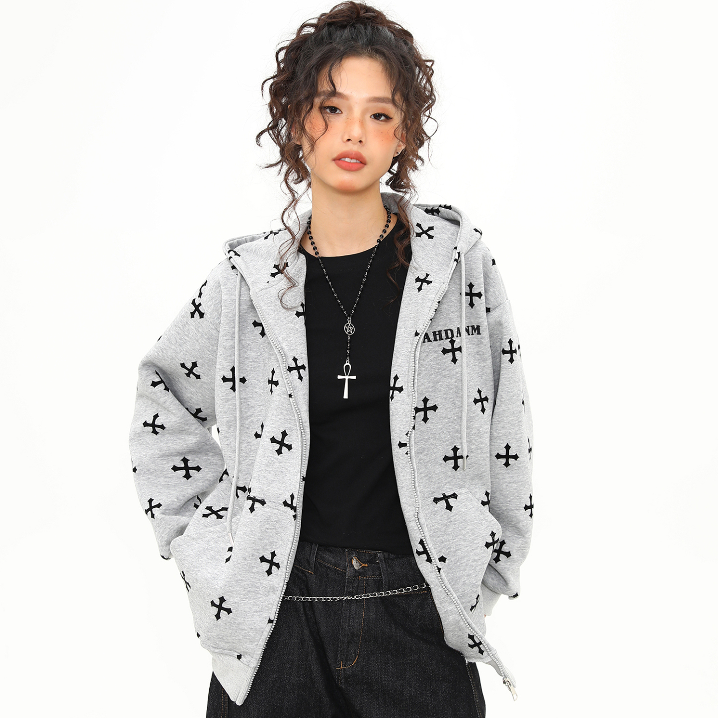 美式復古十字架印花連帽衛衣女秋冬寬鬆慵懶風拉鍊外套