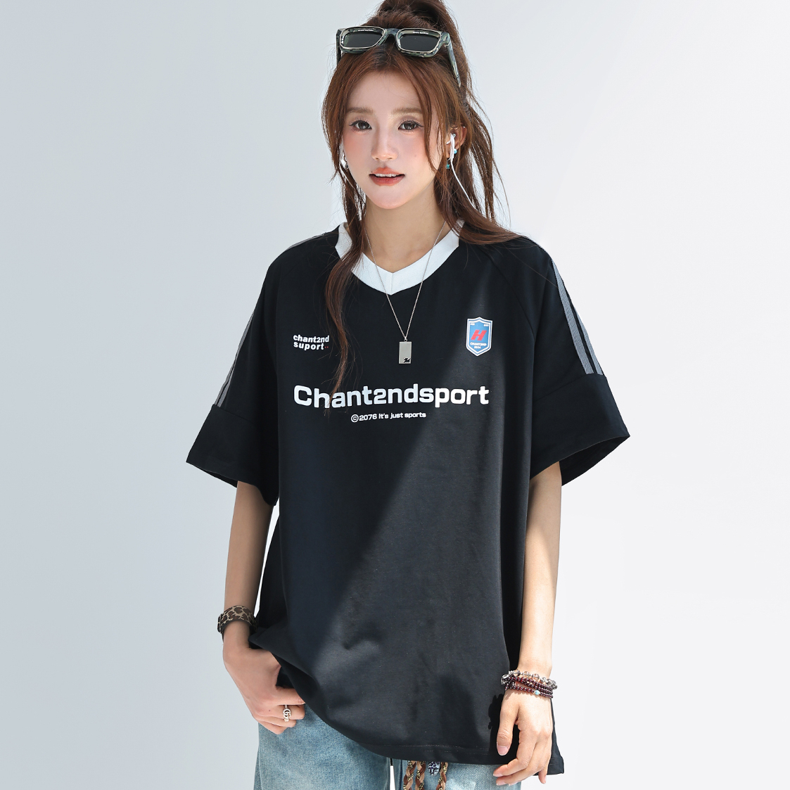 索羅娜美式拼接條紋短袖女t恤夏季字母運動球衣T賉