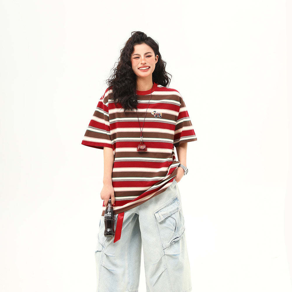 美式復古臘腸狗刺繡條紋短袖T恤女夏季寬鬆百搭體恤