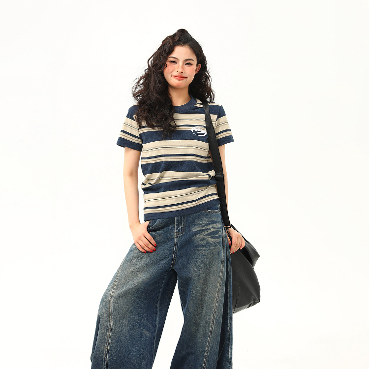 美式復古微寬鬆條紋正肩短袖T恤女夏季百搭短款上衣