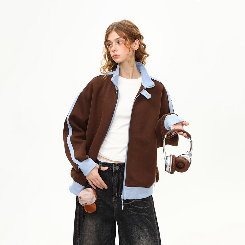 美式復古撞色立領外套女秋季新款拼接設計感衛衣夾克
