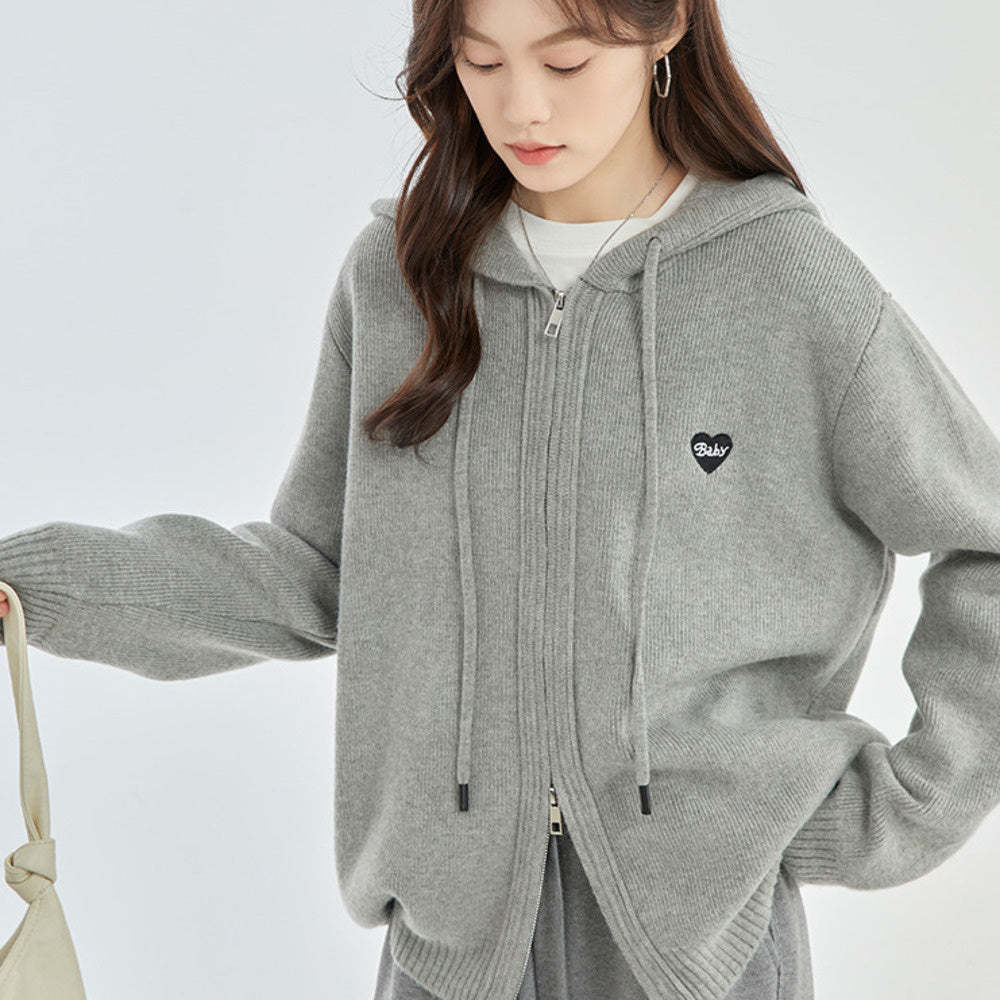 灰色連帽針織開衫外套女2024秋季新款寬鬆上衣