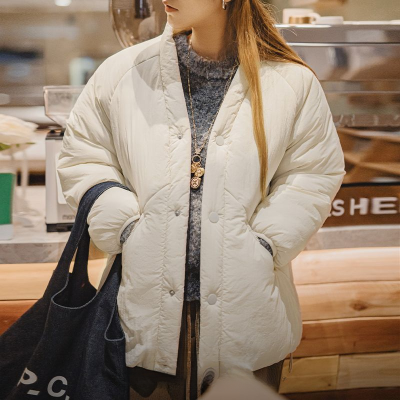 廓形道袍式棉服復古V領保暖防寒棉襖簡約厚麵包服外套冬季女