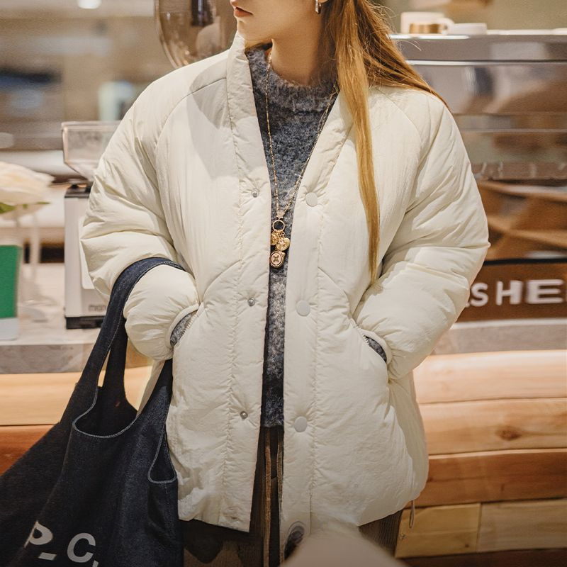 廓形道袍式棉服復古V領保暖防寒棉襖簡約厚麵包服外套冬季女