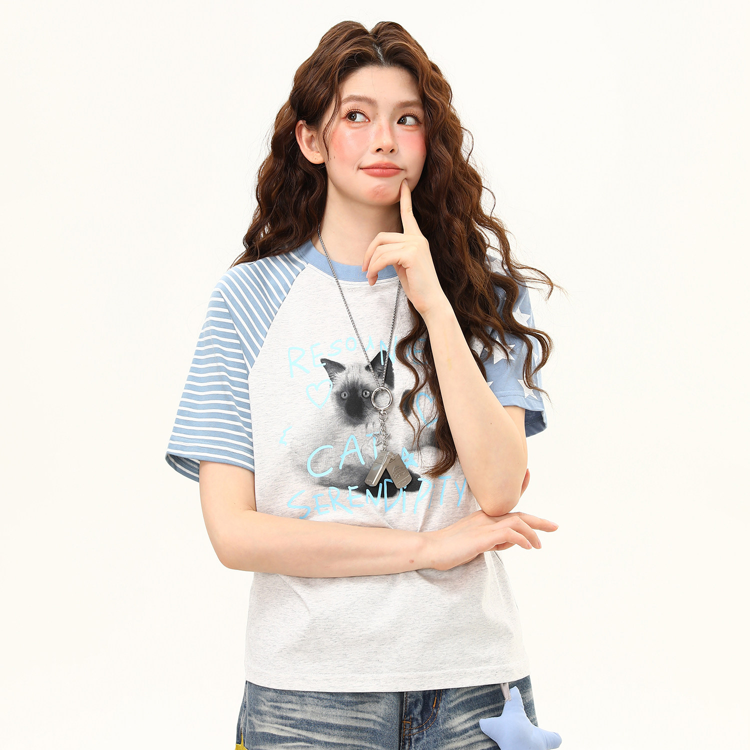 美式圓領撞色猫咪正肩短袖T恤女夏季新款潮流微寬鬆上衣