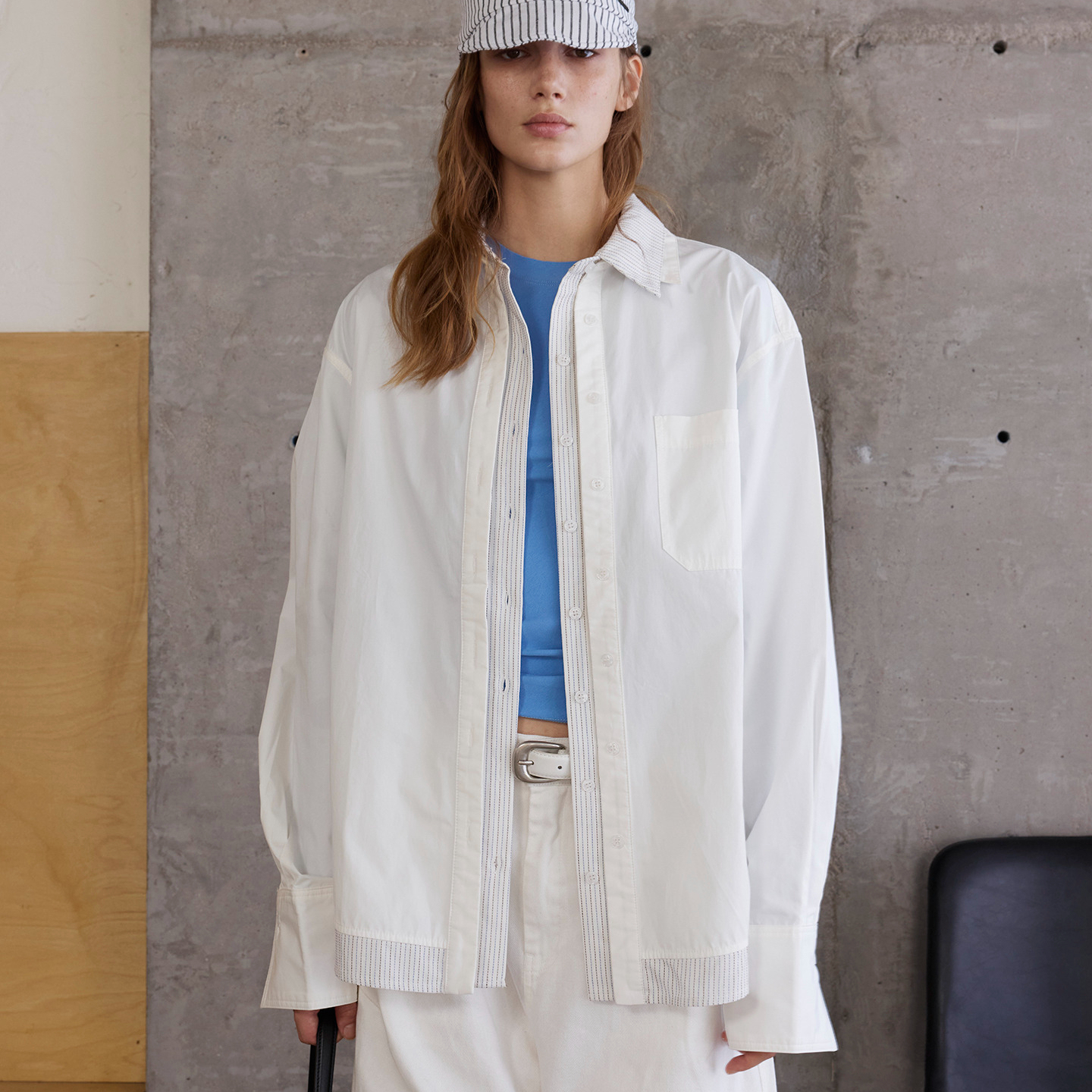 日系復古撞色條紋拼接假兩件襯衫女秋季休閒百搭襯衣外套