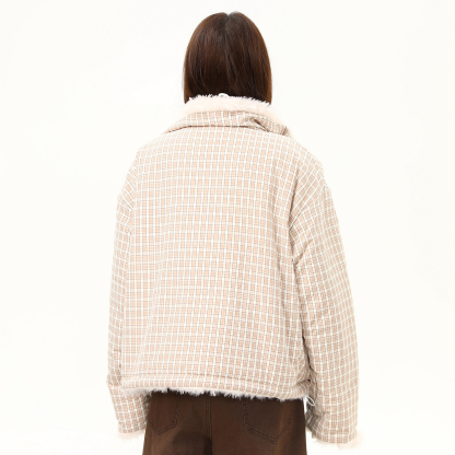 美式復古雙面穿格子棉服外套女冬季新款加絨百搭寬鬆棉襖