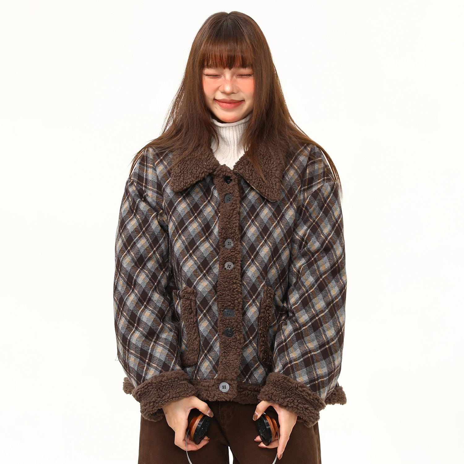 羊羔絨拼接格紋高級感外套女冬季新款復古短款翻領棉服