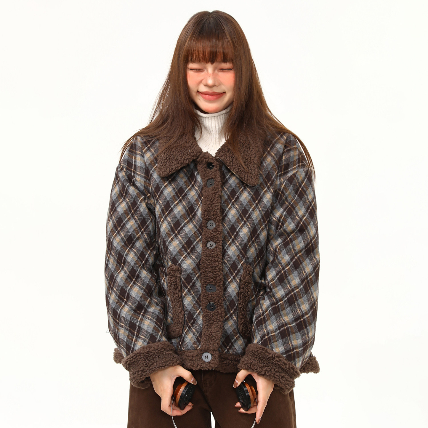 羊羔絨拼接格紋高級感外套女冬季新款復古短款翻領棉服