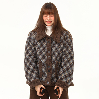 羊羔絨拼接格紋高級感外套女冬季新款復古短款翻領棉服